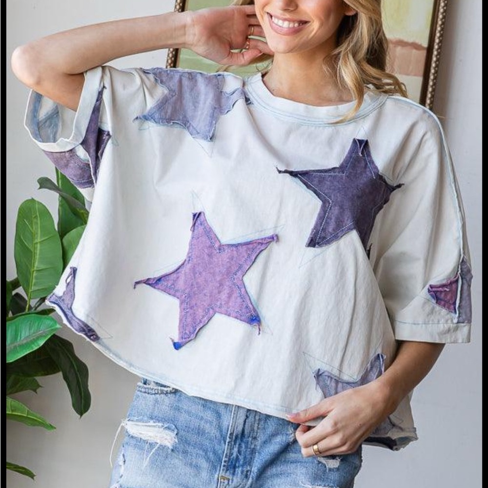 Oli & Hali Washed Blue Star Patched Oversized Tee